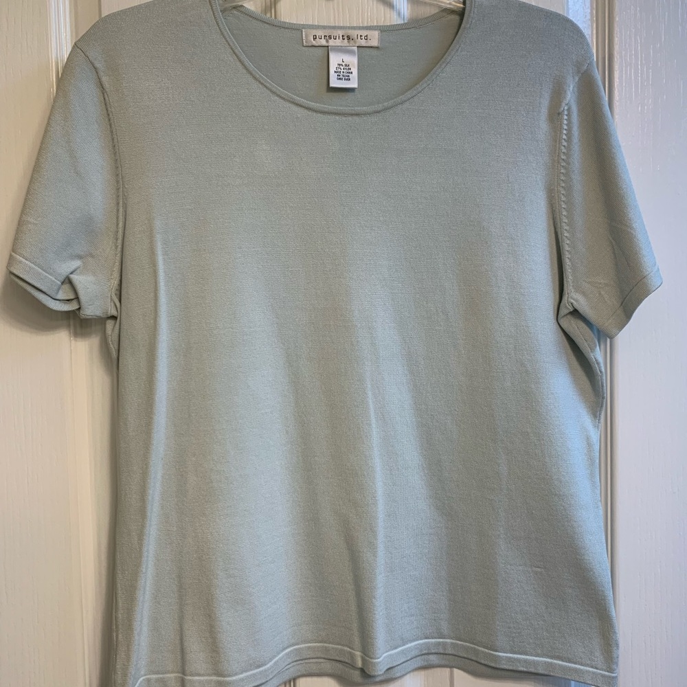 Pursuits Ltd Silk/Nylon S/S Pullover Knit Top - Large - Aqua - EUC
